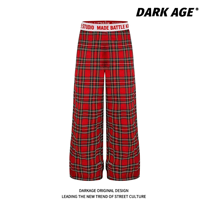 Darkage Original American Retro Plaid Casual Pants, Color-Blocked Plaid Loose Wide-Leg Pants, Straight-Leg Floor-Length Pants