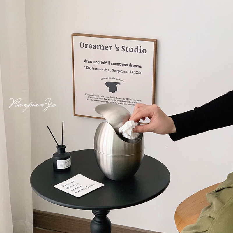 Egg-Shaped Stainless Steel Trash Can, Creative Office Desk Swing Lid Waste Paper Basket, Kitchen Dining Table Mini Garbage Storage Bin