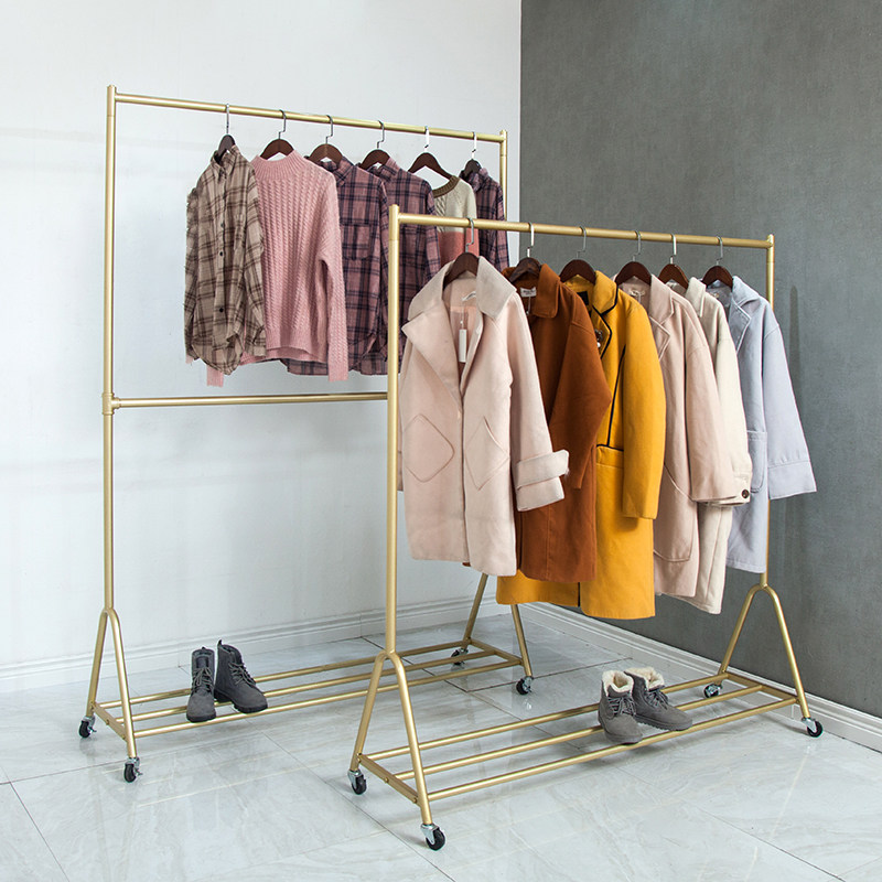 Clothing Store Show Shelf Floor Special Golden Single Pole Gantry Hanging Hanger Men And Women Children's Clothing Shelves Removable Wheels-Taobao
