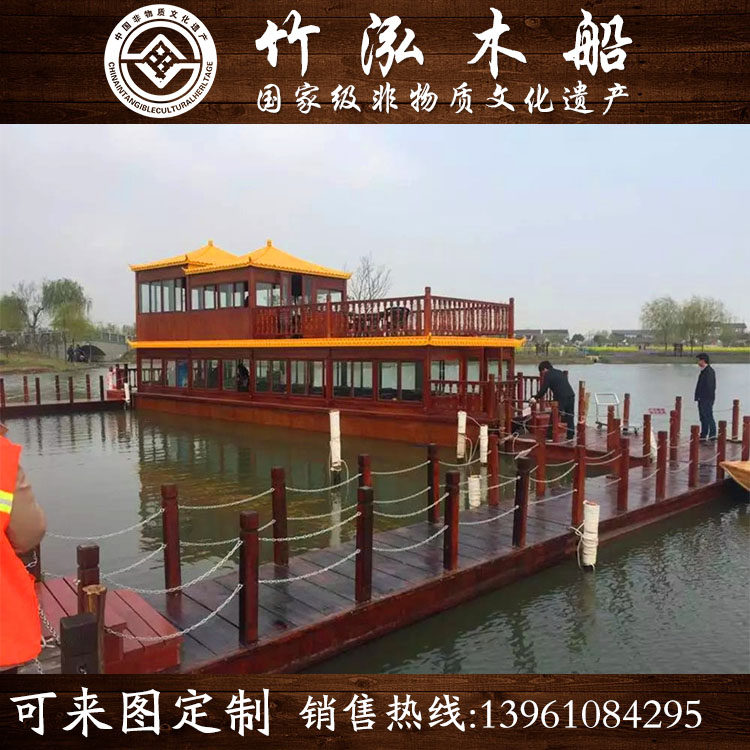 Large water catering boat Double open air balcony painting Dining Boat Scenic Area Electric Chinese Imitation Antique Leisure Sightseeing Tourist Boat