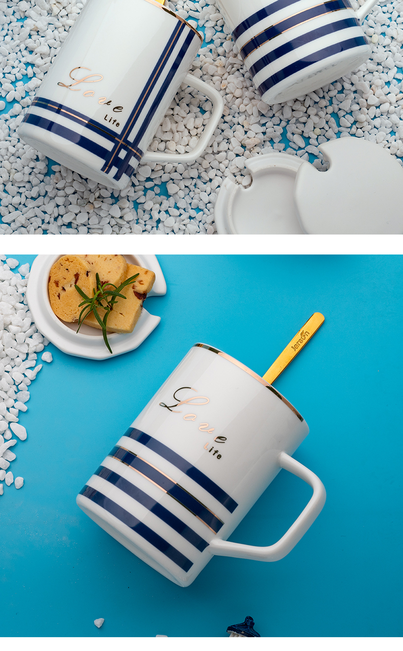 Creative Nordic ins ceramic cup with cover teaspoons of move of men and women lovers tide mark water cup home coffee cup