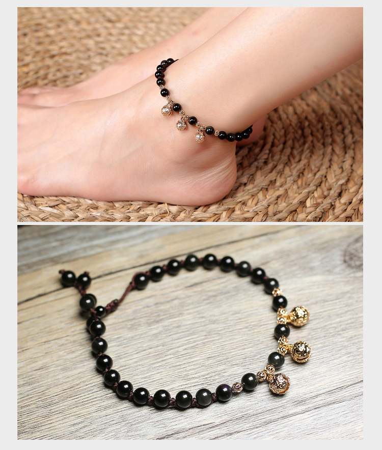 Fengyi (trang trí) ban đầu retro dân tộc gió vòng chân obsidian phụ kiện chuông đôi chân chuỗi trang sức đơn giản lắc chân vàng pnj
