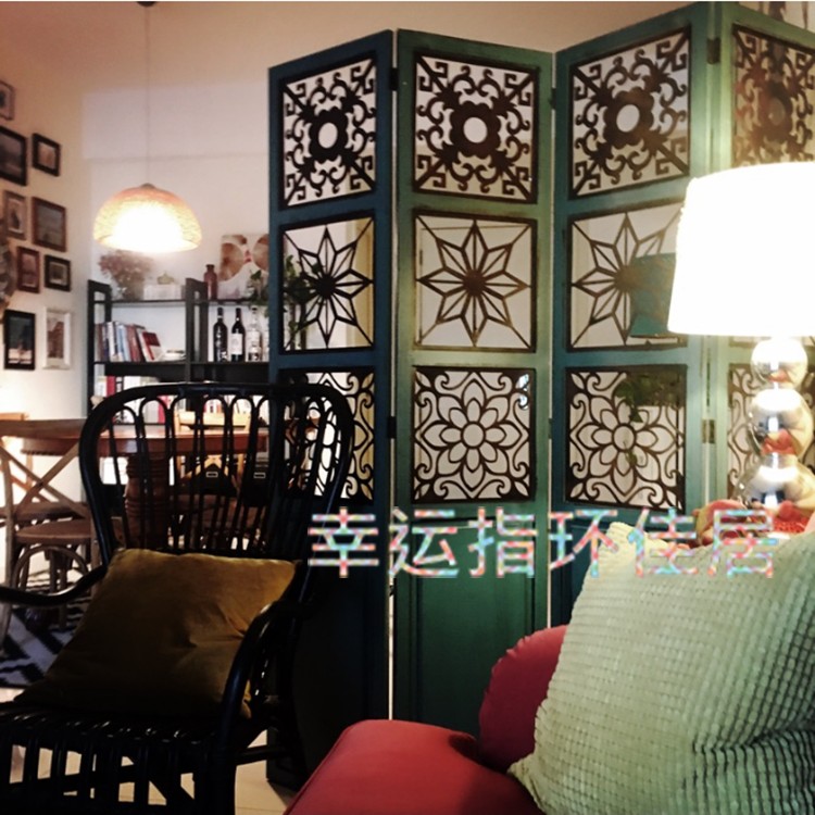 送料無料 ヨーロッパ アメリカン レトロ スクリーン グリーン ソリッドウッド アイアン アート 中空 折りたたみ スクリーン 衣料品 店舗 ウィンドウ デコレーション パーティション