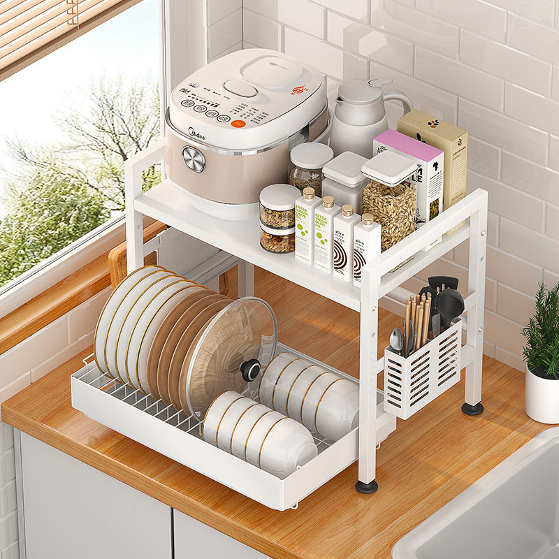 Multifunctional kitchen put bowl rack countertop rice cooker rack white dishes dishes storage drain shelf home