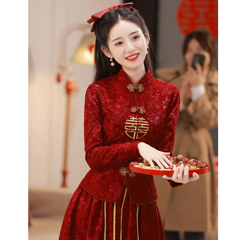 Китайское платье для тостов cheongsam, свадебное кружевное платье 2025, новое винно-красное маленькое свадебное платье для помолвки, высокое качество