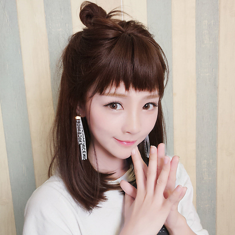 Wig female long straight hair long hair shit bangs inside buckle pear head natural fashion round face fluffy face repair