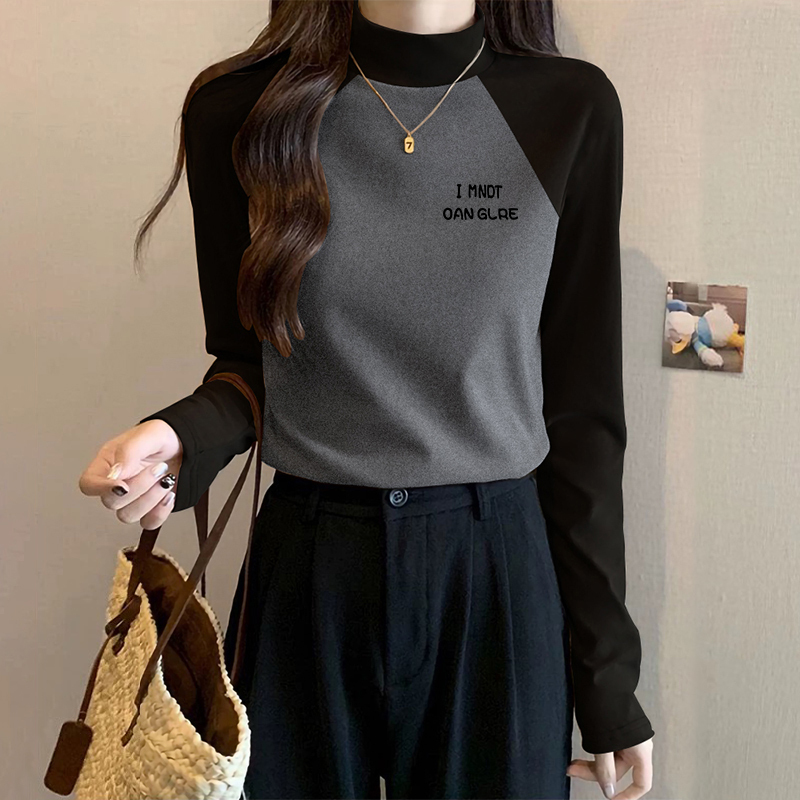 Pure Cotton Brushed Fabric Raglan Sleeve Gray and Black Color-Blocking T-Shirt for Women, Half-High Collar Trendy Fashion Stylish Top Pure Cotton Brushed Fabric Raglan Sleeve Gray and Black Color-Blocking T-Shirt for Women, Half-High Collar Trendy Fashion Stylish Top