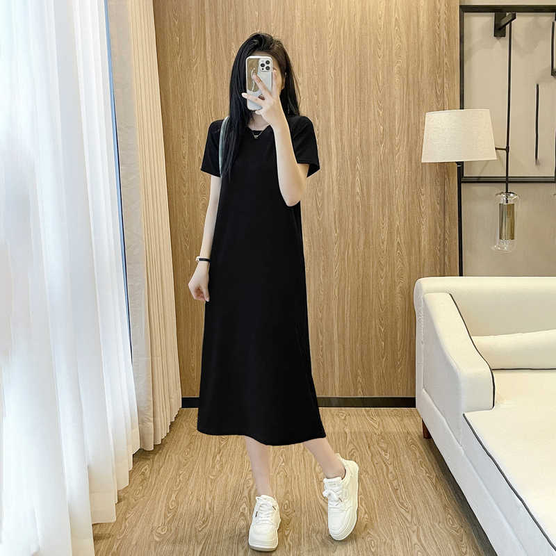 Summer Short-Sleeved Round-Neck T-Shirt Long Skirt Straight Slimming Loose Outerwear Hepburn Style Black Dress for Women