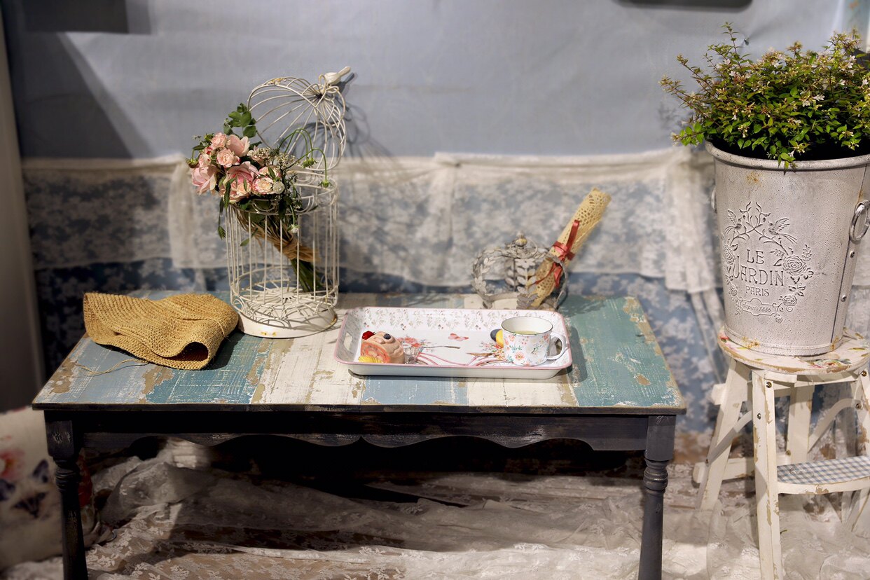 Mori Yuan new product old mixed color wooden low table tatami table terrace garden shelf flower shop display table