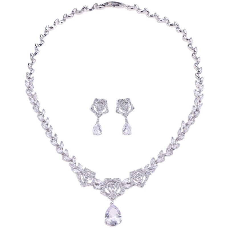 New Korean Sweet Flower Zircon Necklace Earrings Bride Wedding Dress