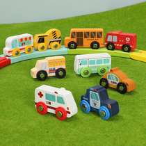 Wooden three-dimensional car Childrens simulation car model bus express car Police car taxi car Mixing engineering car