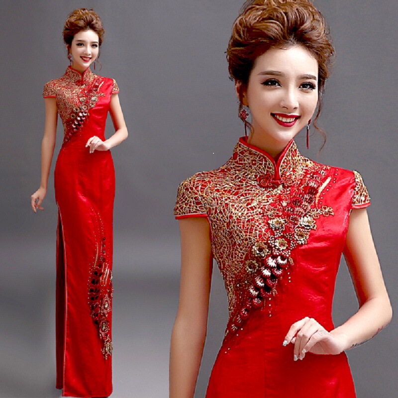 Bride's Wedding Reception Cheongsam Long Dress 2019 Long, Medium, Short Sleeves New Year Banquet Slim Fit Red Dress for Women