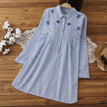 Maternity shirt 2021 autumn Korean version loose embroidery medium long shirt Large size maternity autumn base top