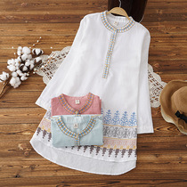 Ethnic style literature and art embroidery pregnant women autumn cotton and hemp top stand-up collar embroidery loose medium-long shirt 2021 spring and autumn