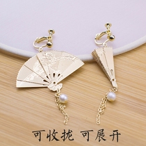 Chinese fan earrings ancient style super fairy fan-shaped pearl long tassel drop earrings without ear holes ear clip ab version