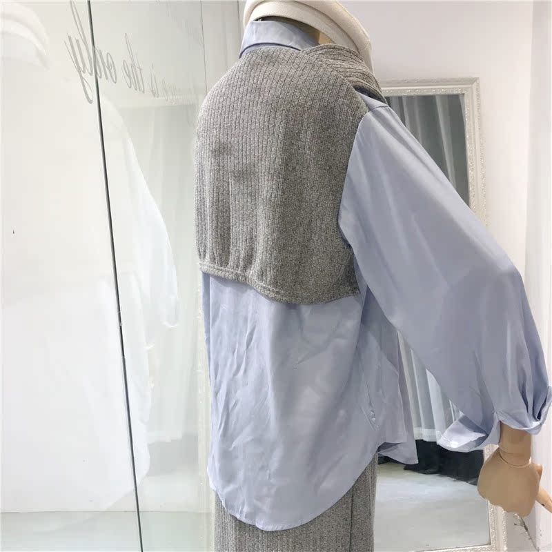 2018 thu đông mới kiểu Hồng Kông dài tay Khăn choàng mỏng giả áo hai dây + váy cao eo thon phù hợp với nữ đồ bộ pijama