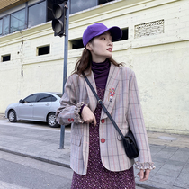Plaid blazer womens spring and autumn embroidery casual little pink design sense retro loose thin suit tide