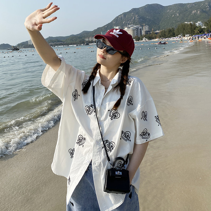 Clear Bin Ex-gratia Short Sleeve Shirt Woman Street Retro Loving Embroidery Loose Oversize Tide Large Size BF Shirt