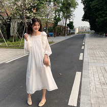 French wooden ear skirt light yellow retro Super fairy cotton linen long sleeve dress literary loose niche long skirt women