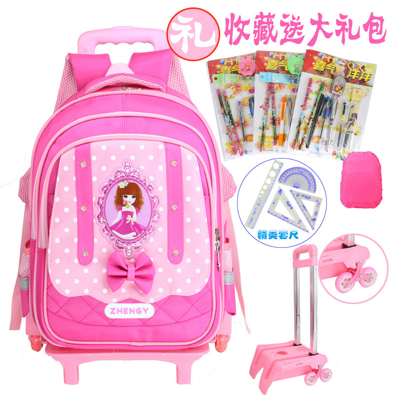 Primary school student trolley school bag 6-12 years old girl child Princess waterproof backpack three-wheeled drag with wheels 2-6