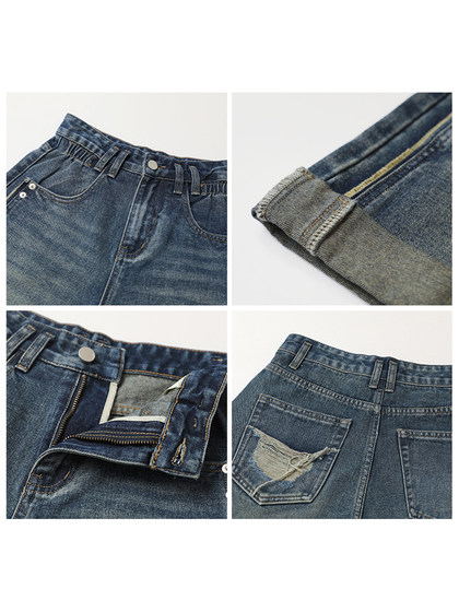 CV大码女装 夏季新款复古高腰做旧a字翻边牛仔裤短裤阔腿热裤胖mm