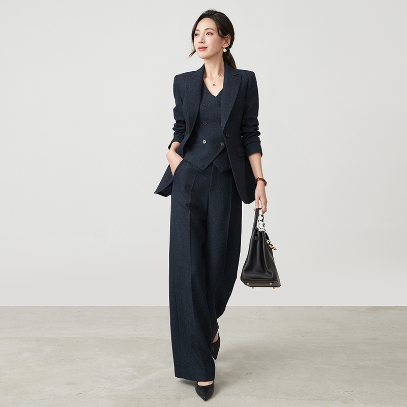 High-End Winter Thickened Professional Slim-Fit Dark Navy Blue Suit Set for Women, Commuter Straight-Leg Pants and Blazer