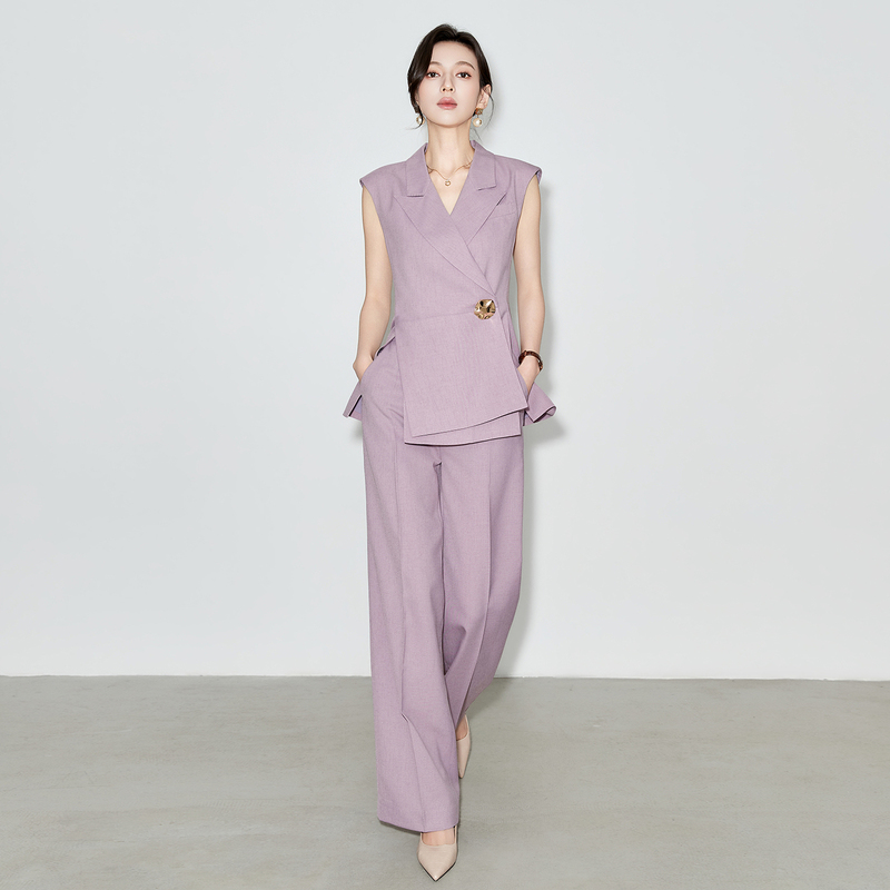 Purple Summer Thin Slim-Fit Ol Professional Suit Set for Women, Shoulder-Covering Formal Blazer with Straight-Leg Pants Two-Piece Set