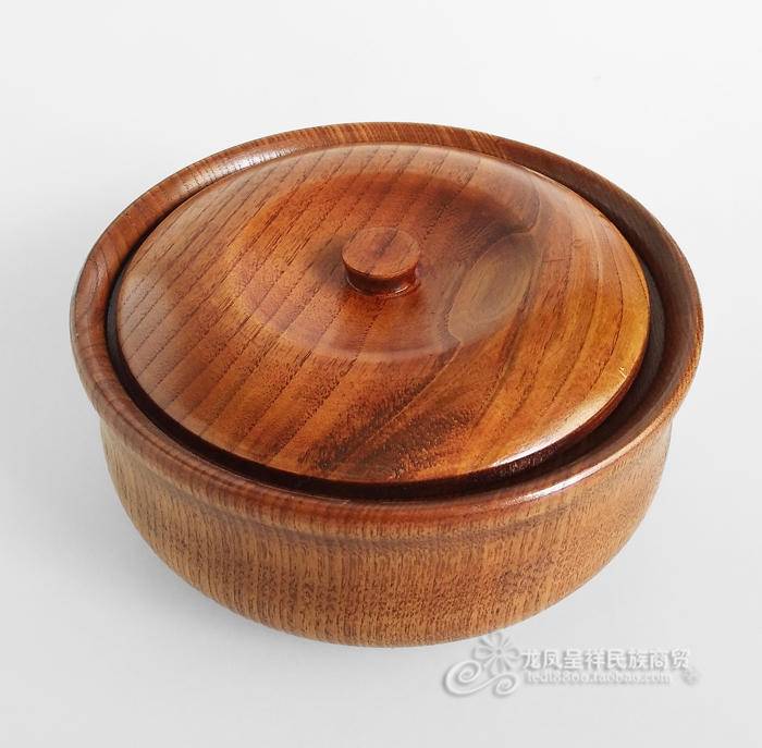 Solid wood fried rice bowl with lid Mongolian characteristics Mongolian restaurant tableware Hotel supplies Pure solid wood handmade