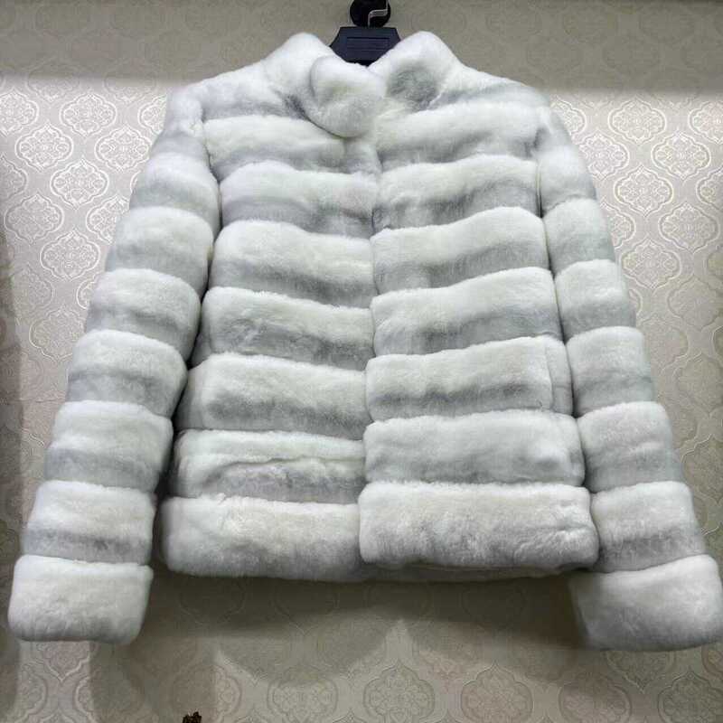 Off-Season Chinchilla-Patterned Imported Rex Rabbit Fur Coat for Women, Autumn and Winter Stand-Up Collar, Youthful Style, High-End, Slimming, Socialite Style