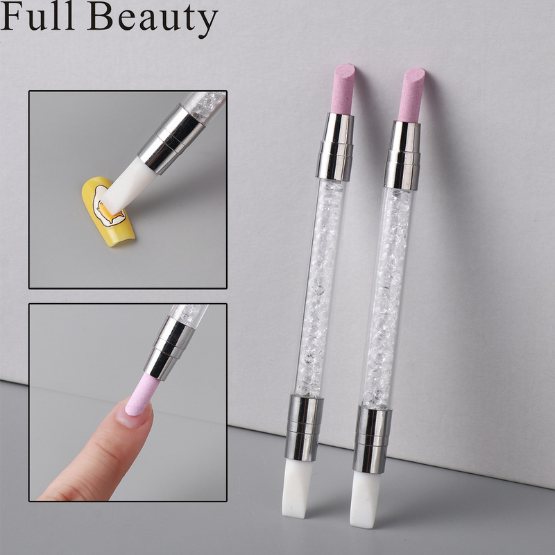 Double-Ended Press-On Nail Art Pen with Angled Quartz Nail Polishing Pen, Silicone Head Sticker Press-On Nail Salon Professional Tool