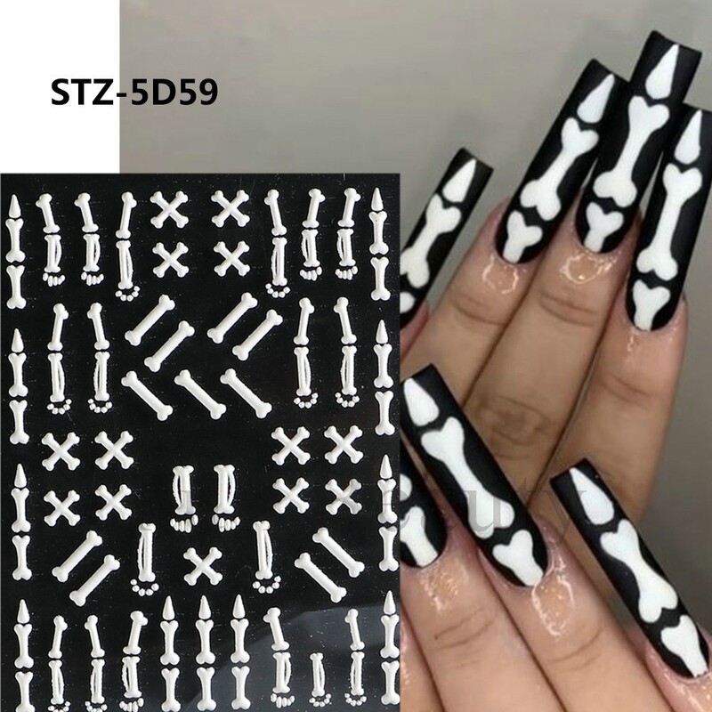 Embossed White Bone Heart Nail Art Stickers Halloween Golden Skull Skeleton Scar Devil's Eye Nail Stickers