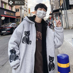 @南生记 Winter lamb fleece hooded cotton coat men's Korean version plus velvet thickened reversible cotton-padded jacket for men