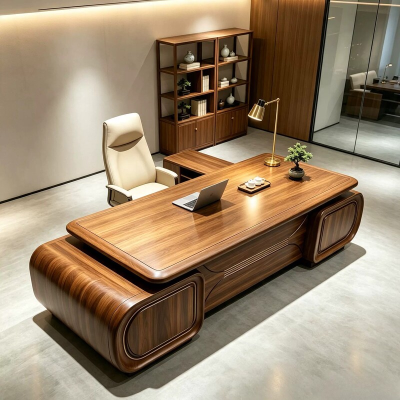 2026 New Model Walnut Solid Wood Desk, New Chinese Style Rounded Corner Executive Desk, Light Luxury Ceo Desk