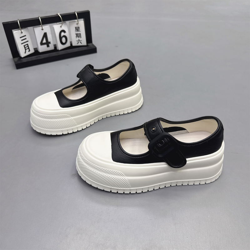 Genuine Leather Women's Shoes, Korean Style, Thick-Soled, Height-Increasing 6cm, White Shoes, 2026 Summer New Style, Shallow Mouth, Velcro Mary Jane Shoes