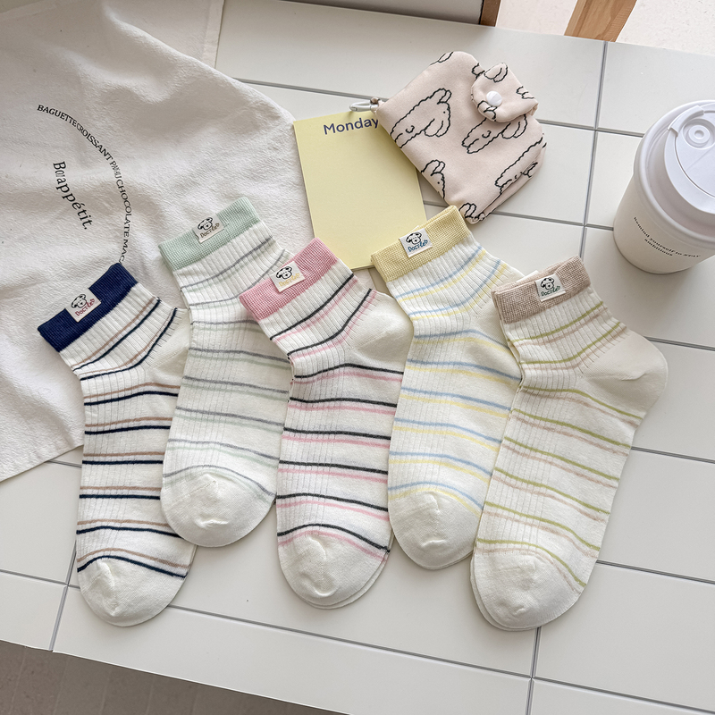 Women's Summer Thin Socks, Anti-Odor, Sweat-Absorbent, Breathable, Low-Cut Short Socks, Striped Cartoon Cute Versatile Student Style Socks
