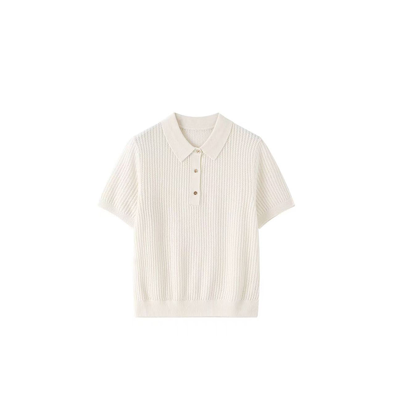 Z3005【Raw Coconut Latte~】Summer Thin Hollow-Out Knit Polo Shirt for Women