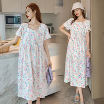 2021 maternity summer new Korean version of long floral large size loose short sleeve square collar hipster dress