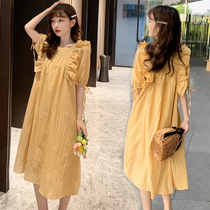 Maternity summer dress 2021 Korean version of the long section large size loose fashion short sleeve lace bow skirt