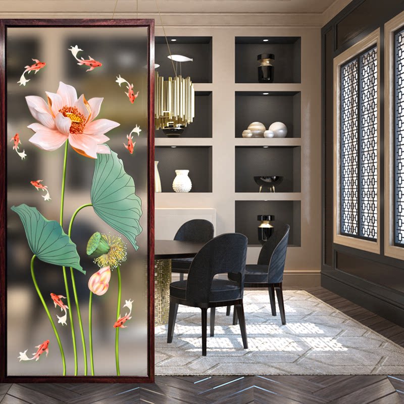Chinese style simple art glass custom screen aisle partition living room double-sided frosted light transparent painted nine fish ornamental flowers