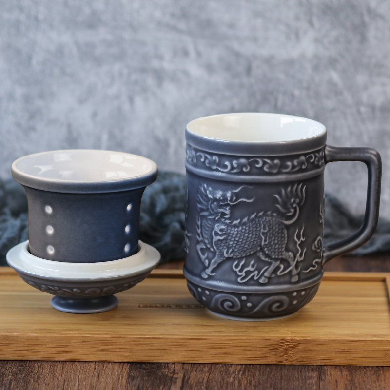Do Tang Xuan porcelain cup kirin delight in three cups with cover) ceramic tea cups of water glass cup of office