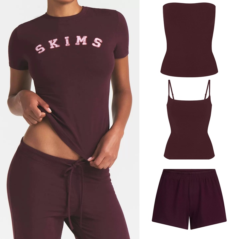 Skims Campus Campus College Cotton Jersey Burgundy Short-Sleeved T-Shirt Suspender Casual Pants Suit