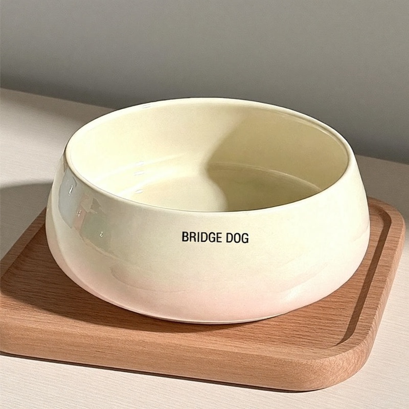 Korean Bd Pet Ceramic Bowl Anti-Spill Anti-Splash Cat and Dog Feeder Water Bowl Large Diameter Neck-Protecting Wooden Stand for Cats