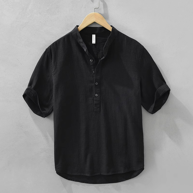 Plus Size 150kg Ramie Short-Sleeve Men's Stand-Up Collar T-Shirt Cotton-Linen Vintage Casual Shirt Thin Linen Half-Cardigan Short T-Shirt