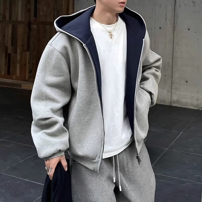Men's Oversized American-Style Double-Zip Cardigan Sweatshirt, Short Hooded Thick Heavy-Duty Design Jacket for Autumn and Winter Men's Oversized American-Style Double-Zip Cardigan Sweatshirt, Short Hooded Thick Heavy-Duty Design Jacket for Autumn and Winter