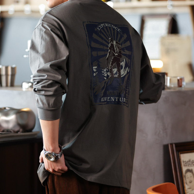 Large Size American-Style Casual Xinjiang Cotton Long-Sleeved T-Shirt for Men, Autumn Loose Explorer Print 260g Round Neck Top
