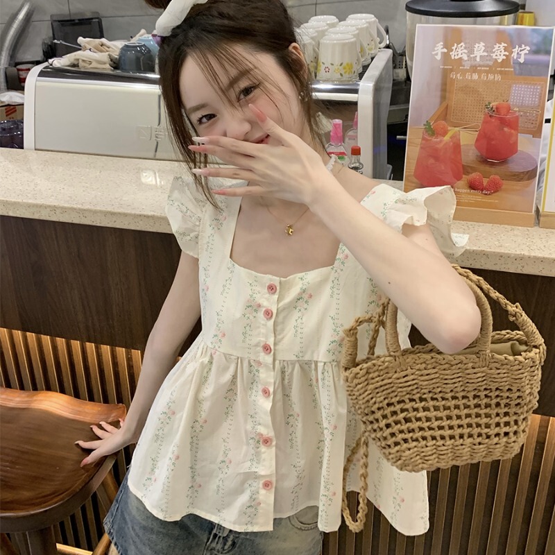 French-Style Ruffled Tank Top with Flutter Sleeves, Floral Camisole Shirt for Women, Summer Short Babydoll Top, Sleeveless Blouse