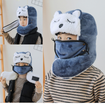 Warm and thick windproof ear protection Lei Feng hat childrens cute bear hat with mask blue black flat top hat