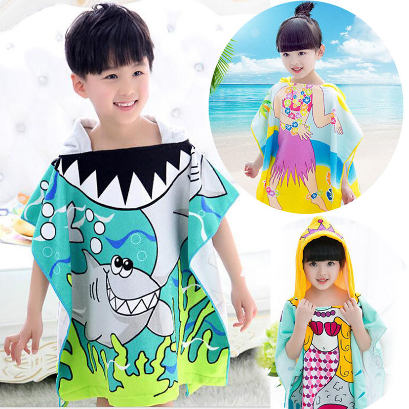 Cartoon Children Beach Towels Cloak bath towels with hat ultra-fine fiber male and female cuddly cloak bathrobe covered head bathing suit