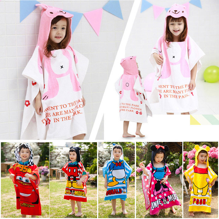 Cartoon children bath towels pure cotton towel material with cap cloak baby cloak beach towels bathrobe covered head bathing suit