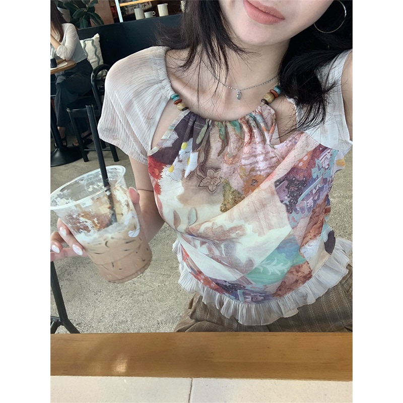 【In Stock】Roundshop | Neon Garden Beaded Top with Mesh Fabric and Tie-Back Design on the Back. 【In Stock】Roundshop | Neon Garden Beaded Top with Mesh Fabric and Tie-Back Design on the Back.